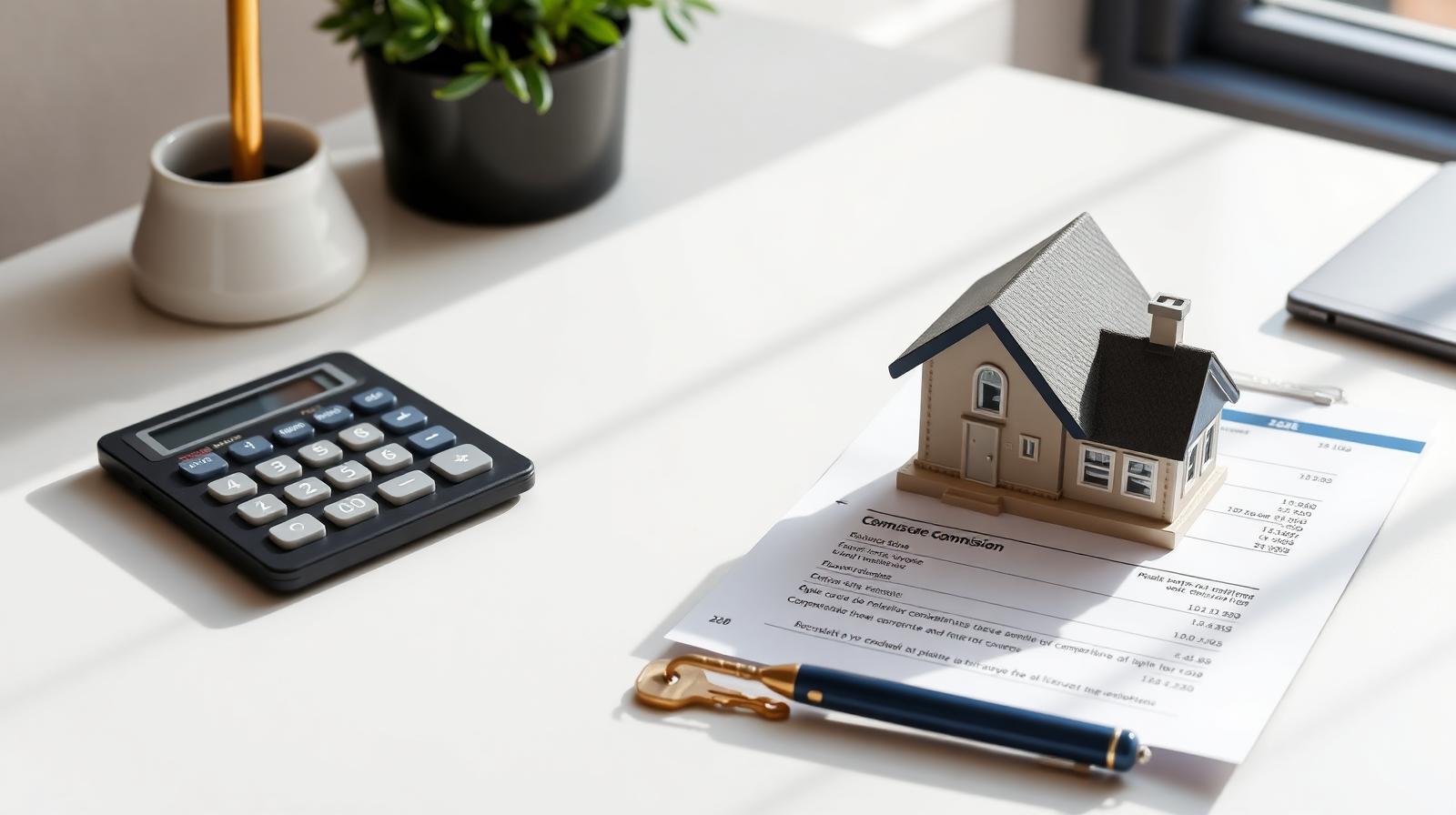 Real estate commission breakdown on a desk with calculator, model house, and commission statement showing agent fees and seller costs in 2026