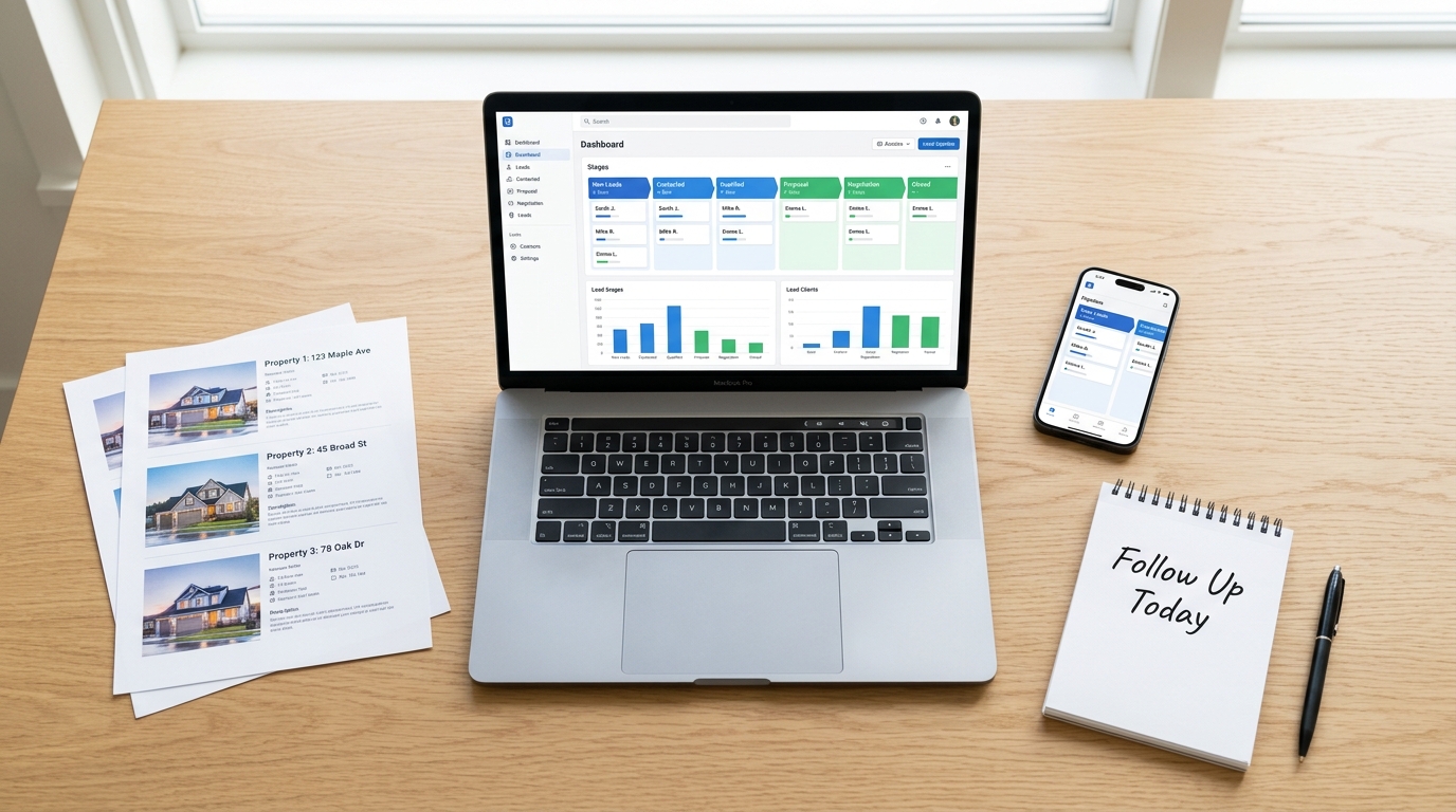 Real estate CRM software dashboard for agents showing lead management, sales pipeline tracking, property listings, client follow-ups, and mobile real estate brokerage tools