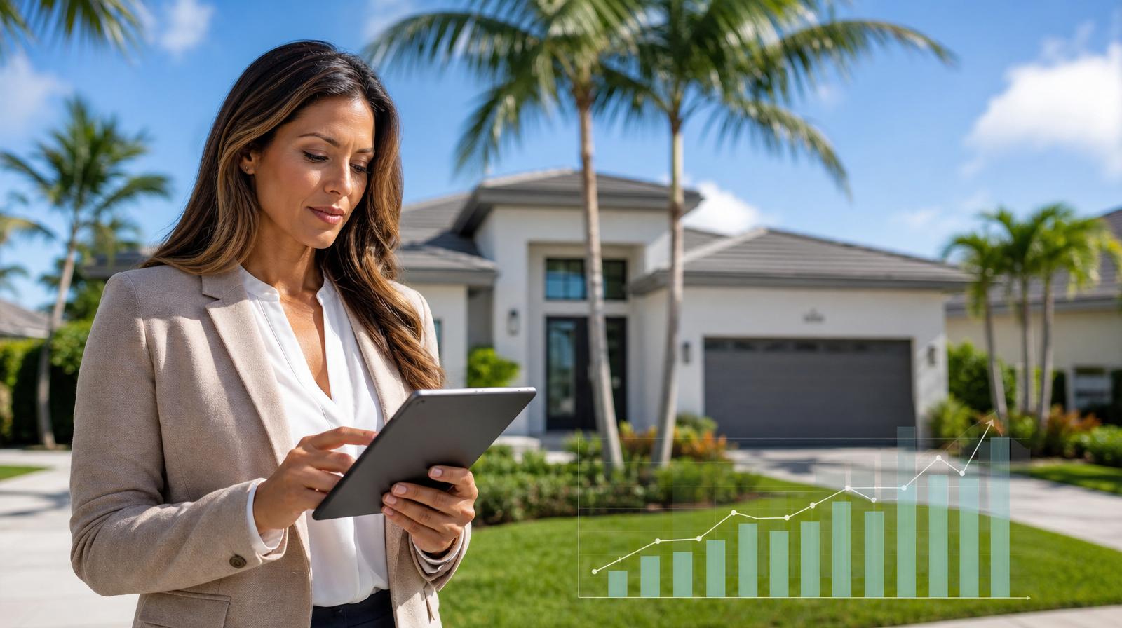 Florida real estate agent reviewing 2026 housing market trends and price data on a tablet in front of a modern suburban Florida home with palm trees