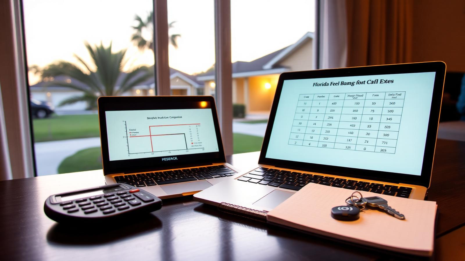 Part-time Florida real estate agent's home workspace with a laptop showing a brokerage fee break-even chart, calculator, house keys, and palm trees outside the window