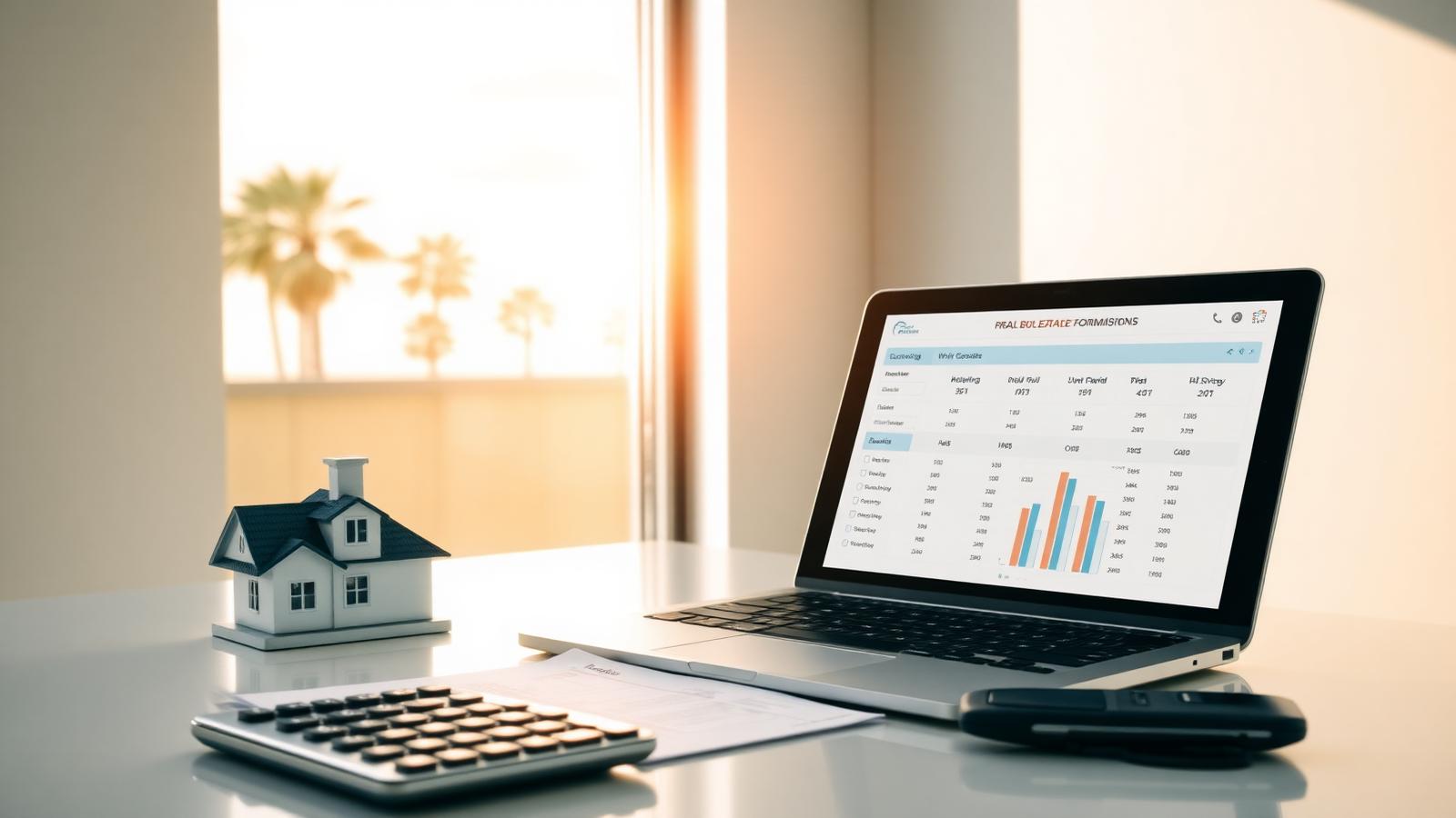 Florida real estate agent workspace with a laptop showing a brokerage comparison dashboard, calculator, and small model house with palm trees in the window