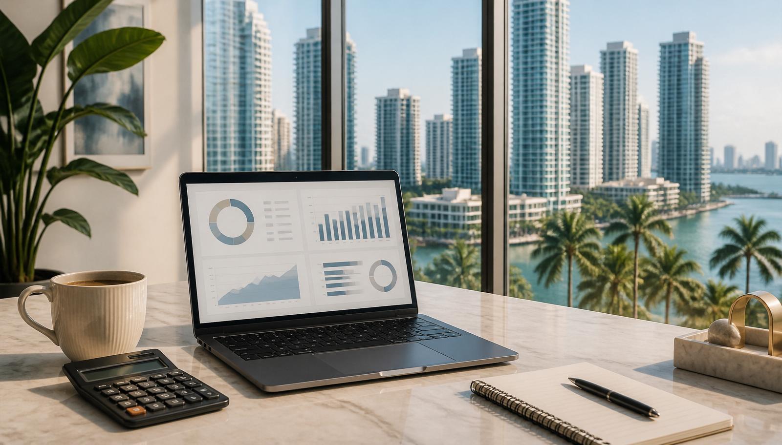 Miami real estate agent workspace with a laptop showing a commission comparison dashboard, calculator, and notepad with the Brickell skyline and palm trees through the window