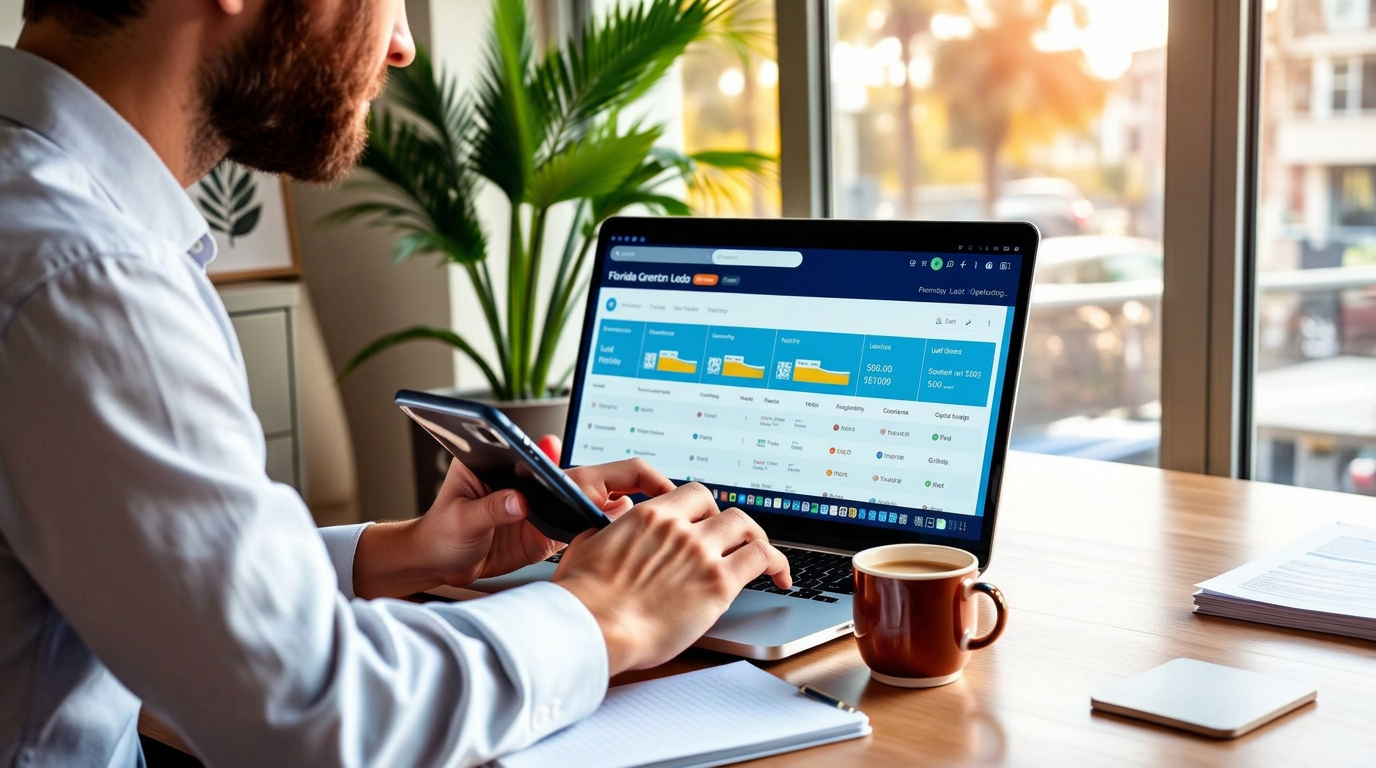 Florida real estate agent following up on new leads inside a CRM dashboard on a laptop while holding a phone at a modern workspace with palm trees outside