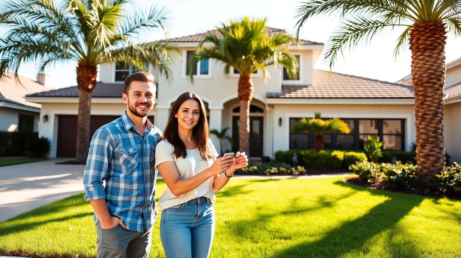 Happy first-time Florida home buyers holding house keys in front of a modern suburban home with palm trees after using a Florida down payment assistance program in 2026