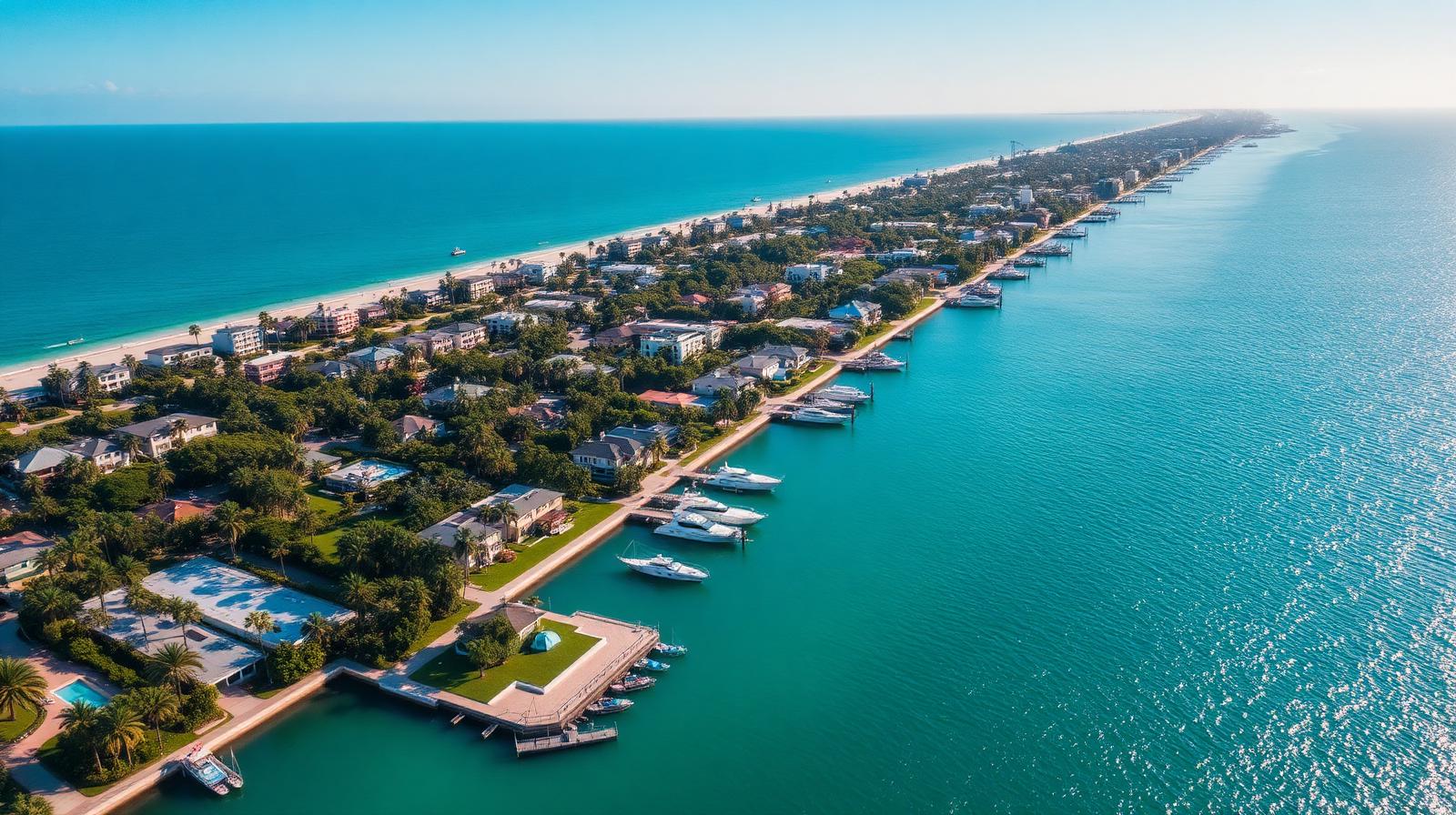 Aerial view of a Florida coastal city with palm trees, waterfront homes, marinas, and blue ocean showcasing the best places to live in Florida in 2026