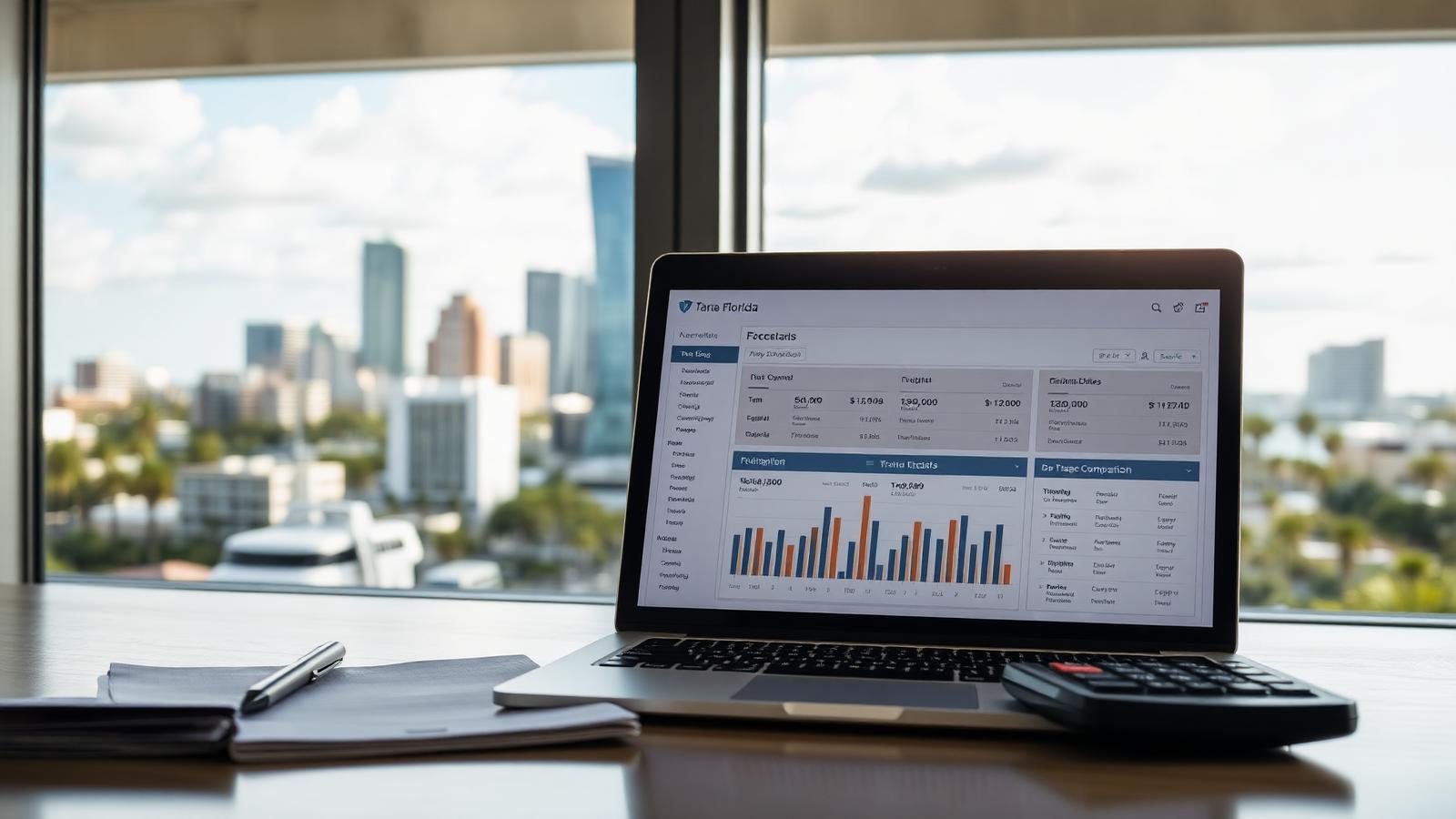 Tampa real estate agent workspace with a laptop showing a brokerage comparison dashboard, calculator, and notepad with the Tampa skyline and palm trees through the window