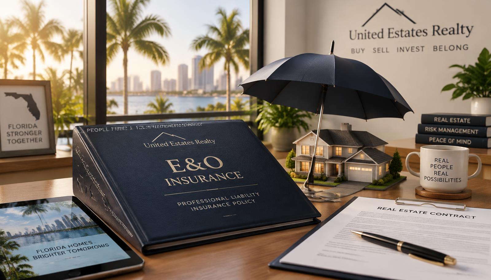 E&O professional liability insurance policy folder under an umbrella next to a model house, contract, and United Estates Realty branding in a Florida office