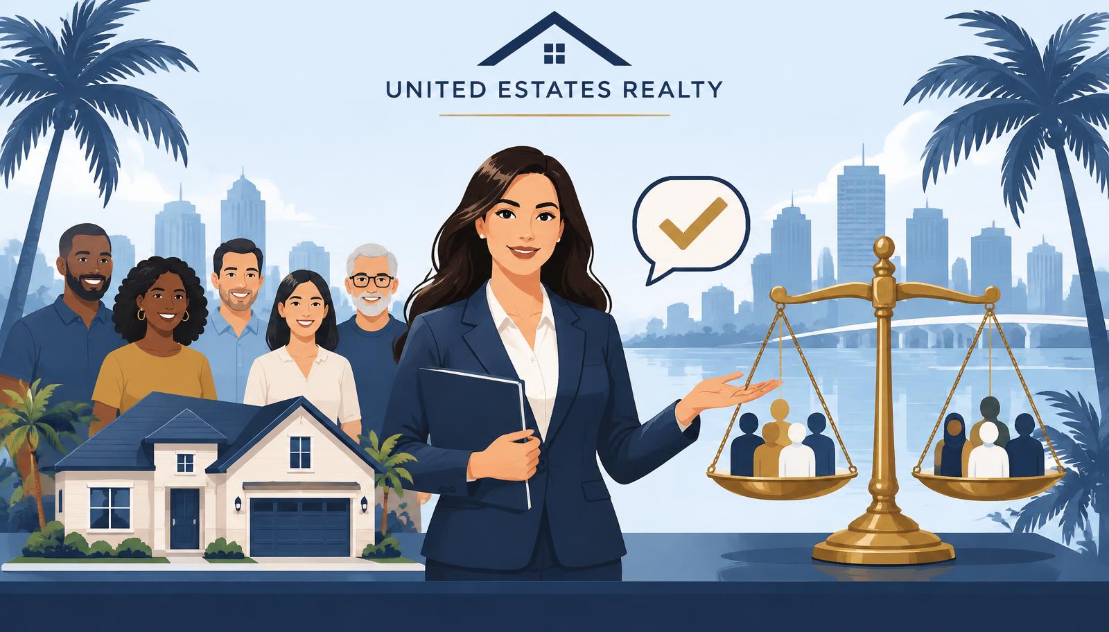 Florida real estate agent beside a balance scale weighing equal home buyer groups, with a model house, diverse buyers, and United Estates Realty branding