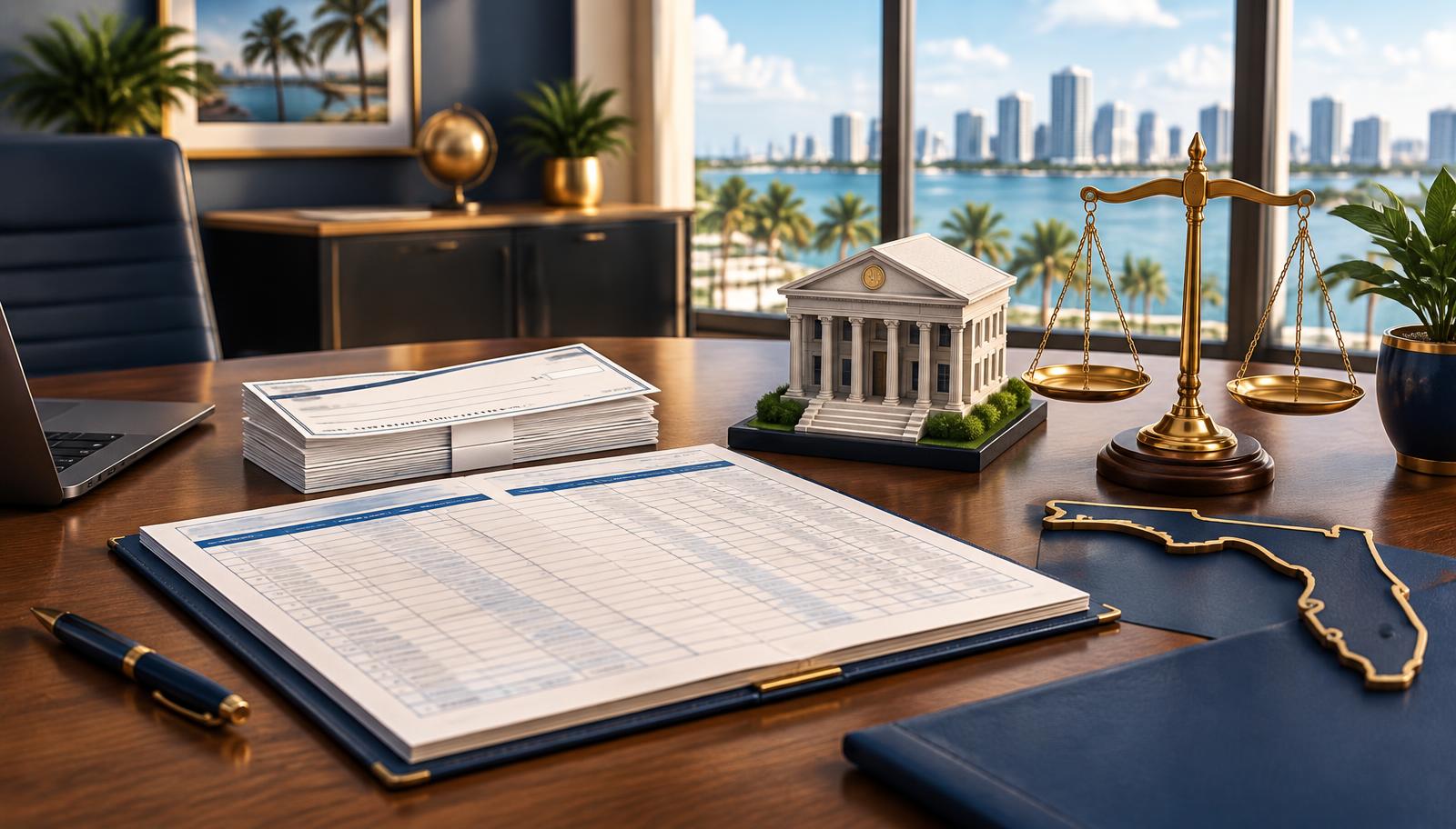 Broker's desk with an escrow reconciliation ledger, deposit checks, bank building model, balance scale, and Florida state outline overlooking a Florida waterfront skyline