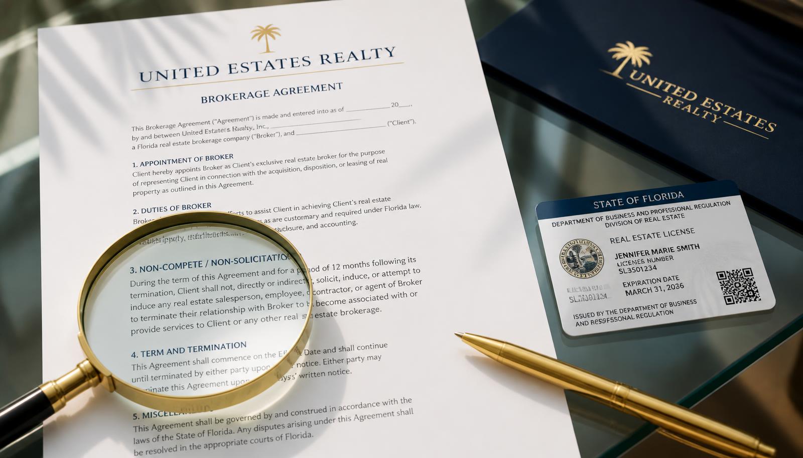 United Estates Realty brokerage agreement with a magnifying glass highlighting the non-compete clause next to a Florida real estate license and gold pen