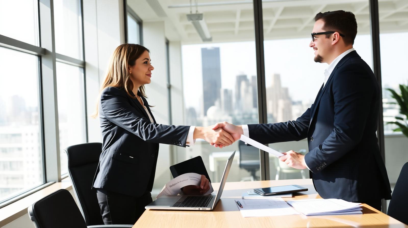 Real estate agent shaking hands with brokerage manager during onboarding and license transfer at a modern brokerage office in 2026