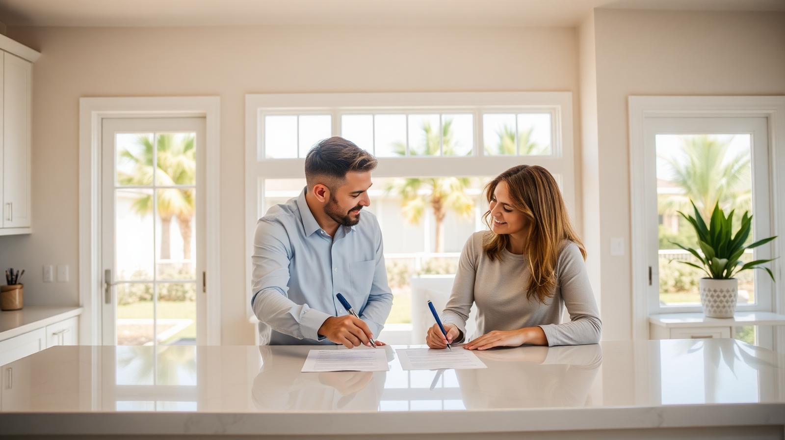 Florida home sellers signing closing documents with a real estate agent inside a modern sunny Florida home with palm trees visible through windows