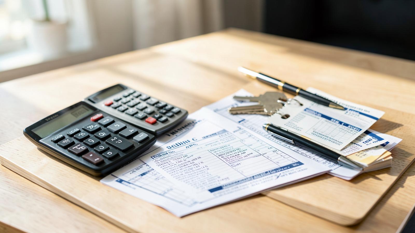 Calculator, Schedule C tax forms, mileage log, receipts, car keys, and pen arranged on a real estate agent's desk for tax deduction planning