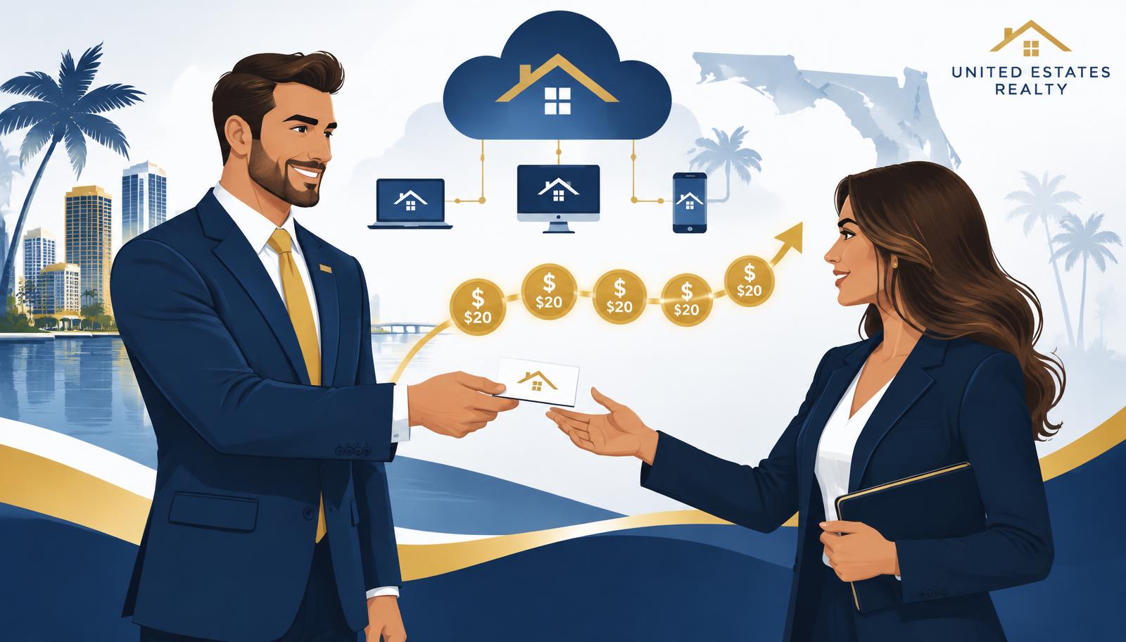 Two real estate agents exchanging a referral business card with recurring $20 monthly payment coins flowing between them, a cloud-based brokerage hub and Florida map behind, with United Estates Realty branding