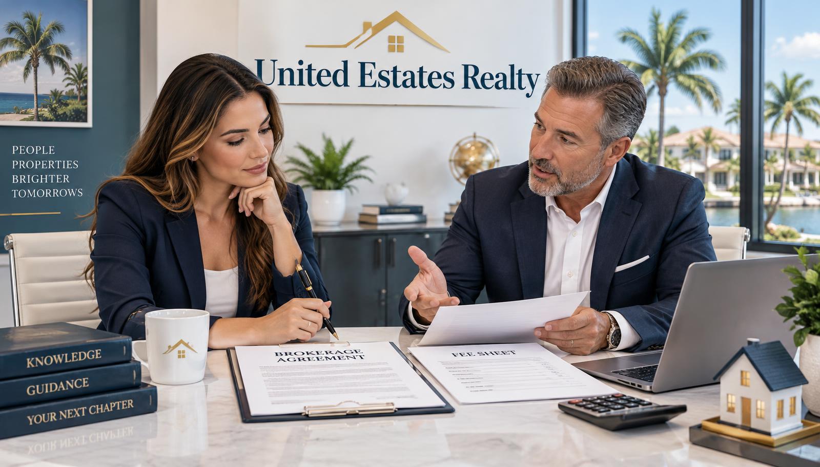 A Florida real estate agent reviewing a brokerage agreement and fee sheet with an experienced mentor at United Estates Realty