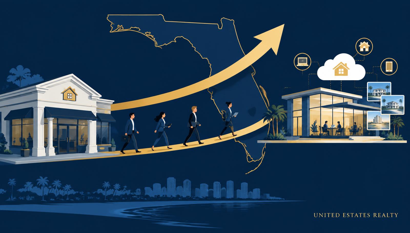 Florida agents walking along a rising gold arrow from a traditional brokerage office toward a modern cloud-based brokerage hub over a Florida map, with United Estates Realty branding